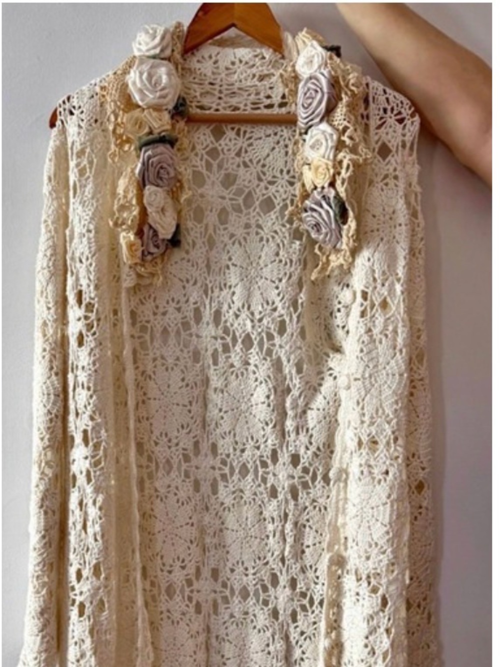 Handmade Crochet Duster Cardigan with home-made appliqué